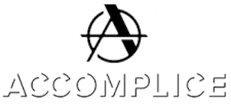 Accomplice" logo in stylized font with anarchy symbol.