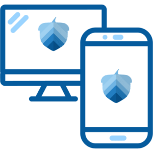 A blue icon with a leaf on a monitor and a phone.