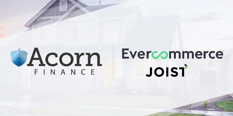 SEO-optimized image with Acorn Finance, Evercommerce, Joist logos, and a faded residential backdrop.