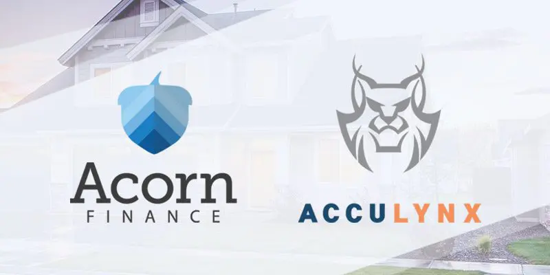 Acorn Finance and Acculynx logos layered on a home image.