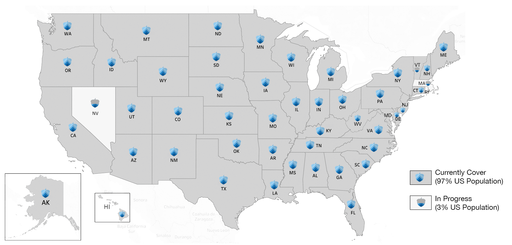 A map of the United States highlighting blue dots representing Acorn Finance coverage in 47 states, reaching 97% of the US population.