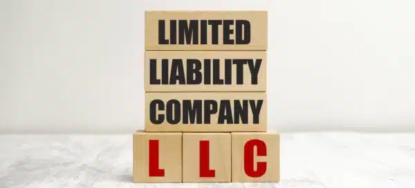 Wooden blocks spell 'limited liability company LLC' representing business loans."
