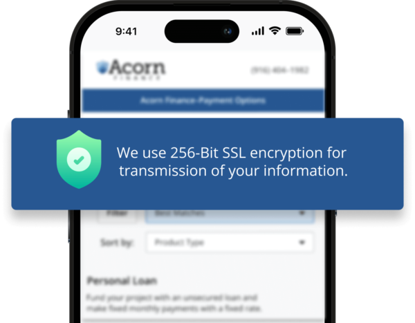 Smartphone shows loan application focusing on 256-bit SSL encryption.
