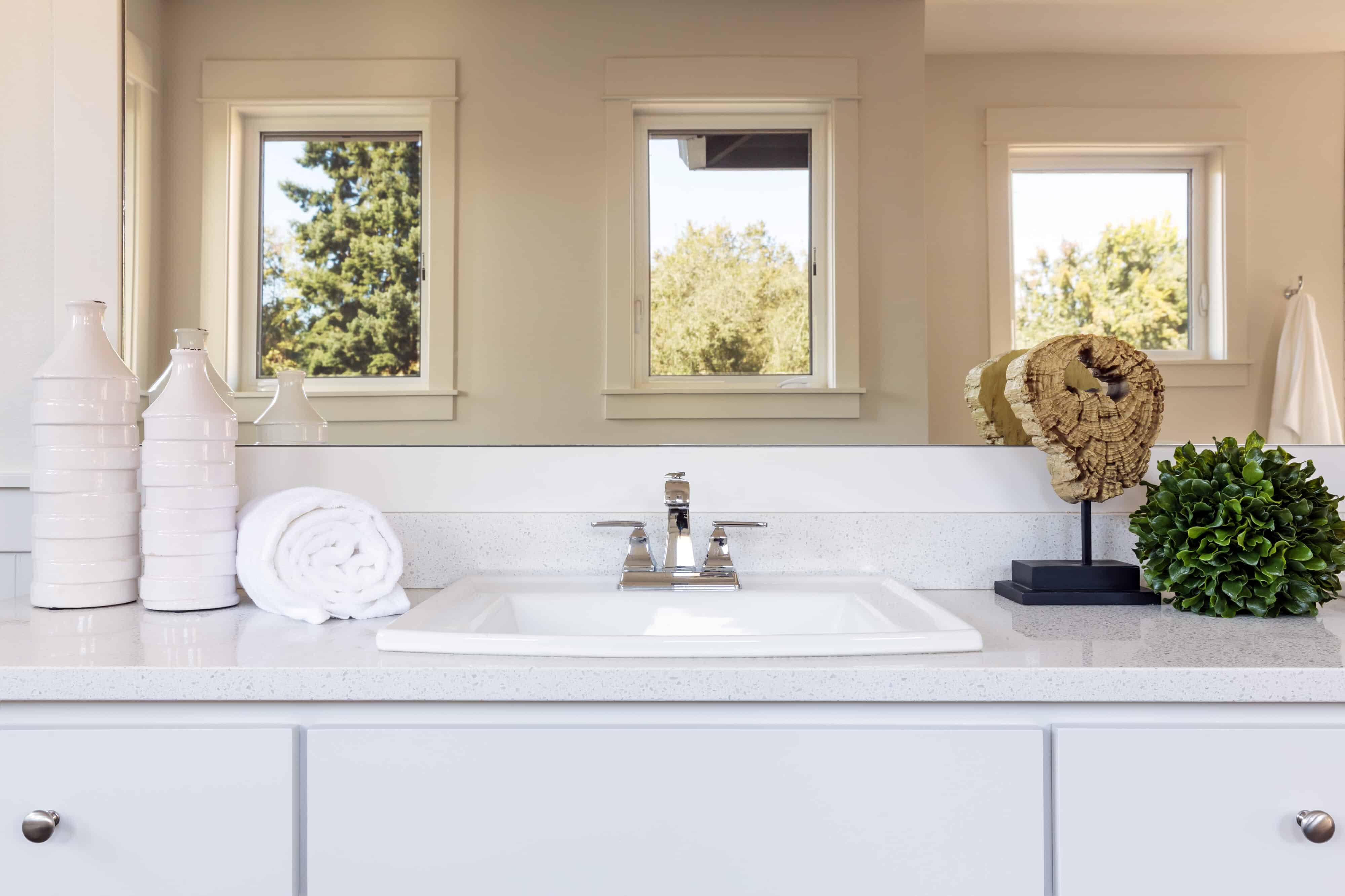 An affordable, tidy bathroom vanity enhanced with decor and greenery.