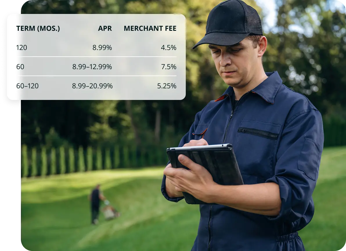 landscaper-looking-at-loan-rates Landscaper reviewing Dealer Fees for loan options