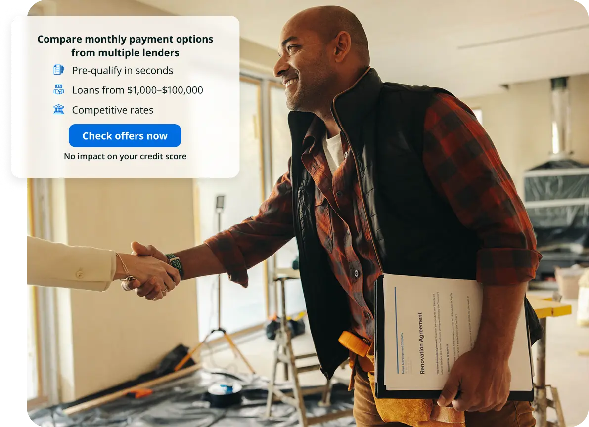 A Contractor shaking hands with a customer that was funded with financing.