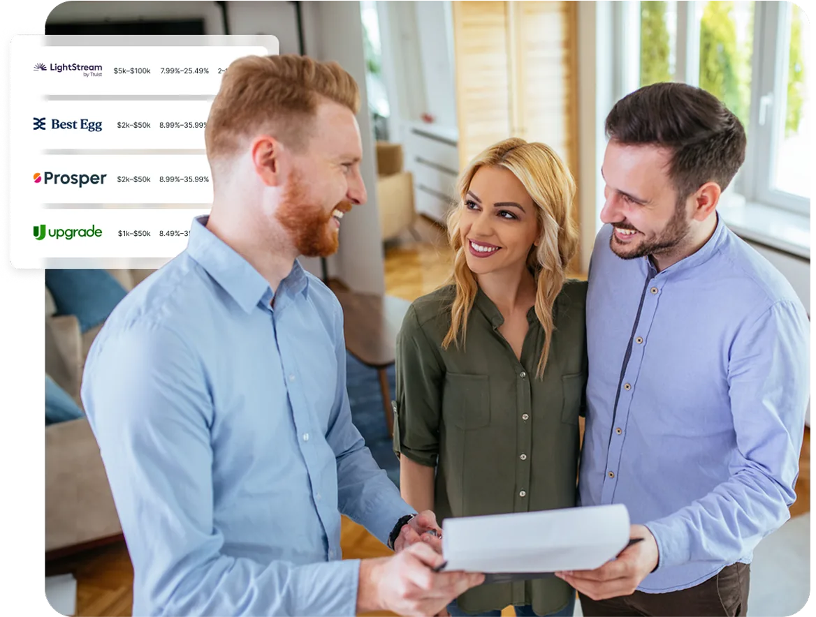 Three people reviewing a lender comparison together